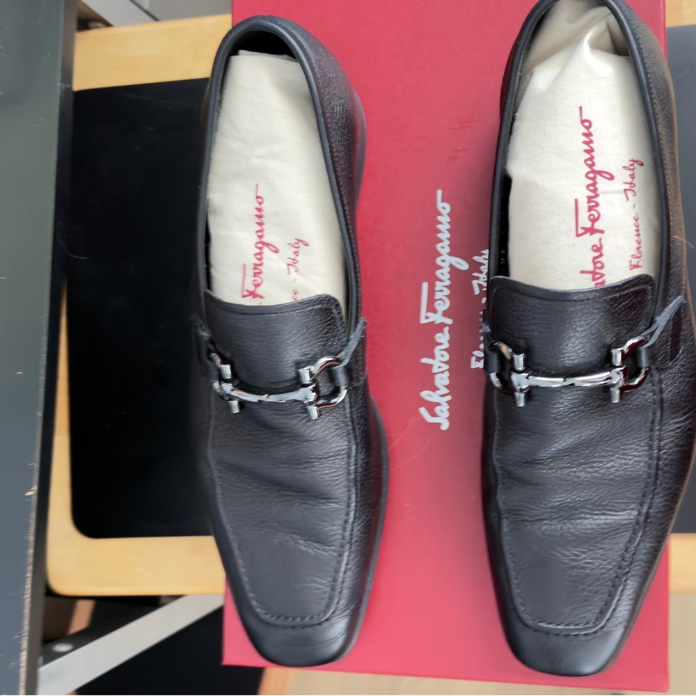 Salvatore Ferragamo Black Leather Loafers with Metal Accent